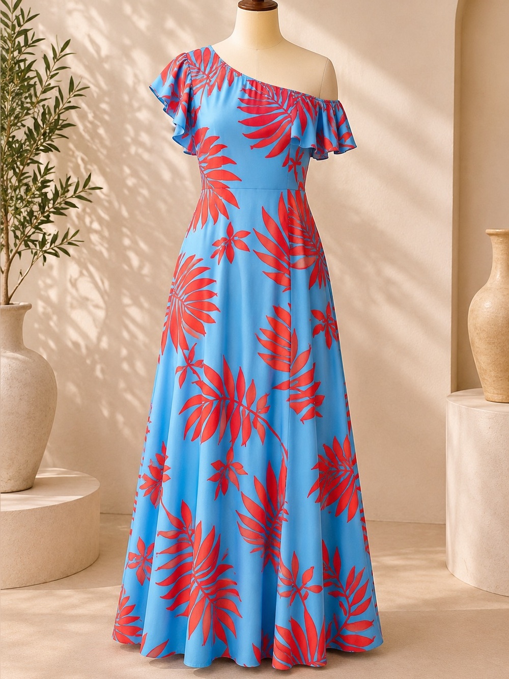 One-Shoulder Blue and Red Tropical Maxi Dress